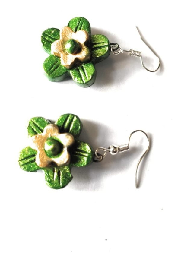 Small Sized Terracotta Earrings | Flower Shaped Terracotta Earrings | Green and Golden Terracotta Earrings