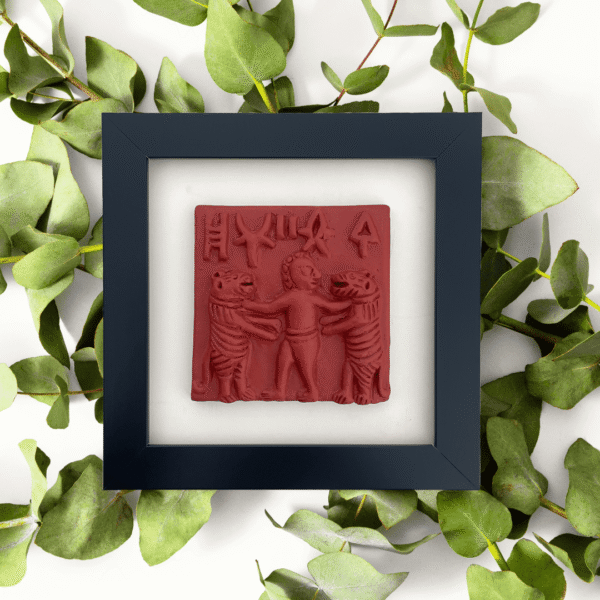 terracotta colored harappa seals indus valley molela art authentic historical replicas bare hand tiger wrestling | Terracotta Colored Harappa Bare Handed Tiger Wrestling Seal
