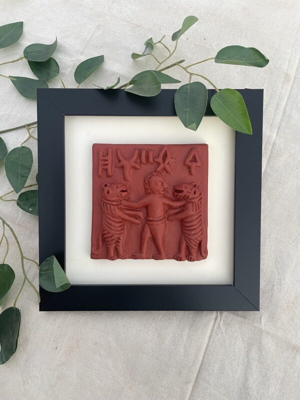terracotta colored harappa seals indus valley molela art authentic historical replicas bare hand tiger wrestling | Terracotta Colored Harappa Bare Handed Tiger Wrestling Seal