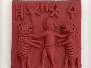 terracotta colored harappa seals indus valley molela art authentic historical replicas bare hand tiger wrestling | Terracotta Colored Harappa Bare Handed Tiger Wrestling Seal